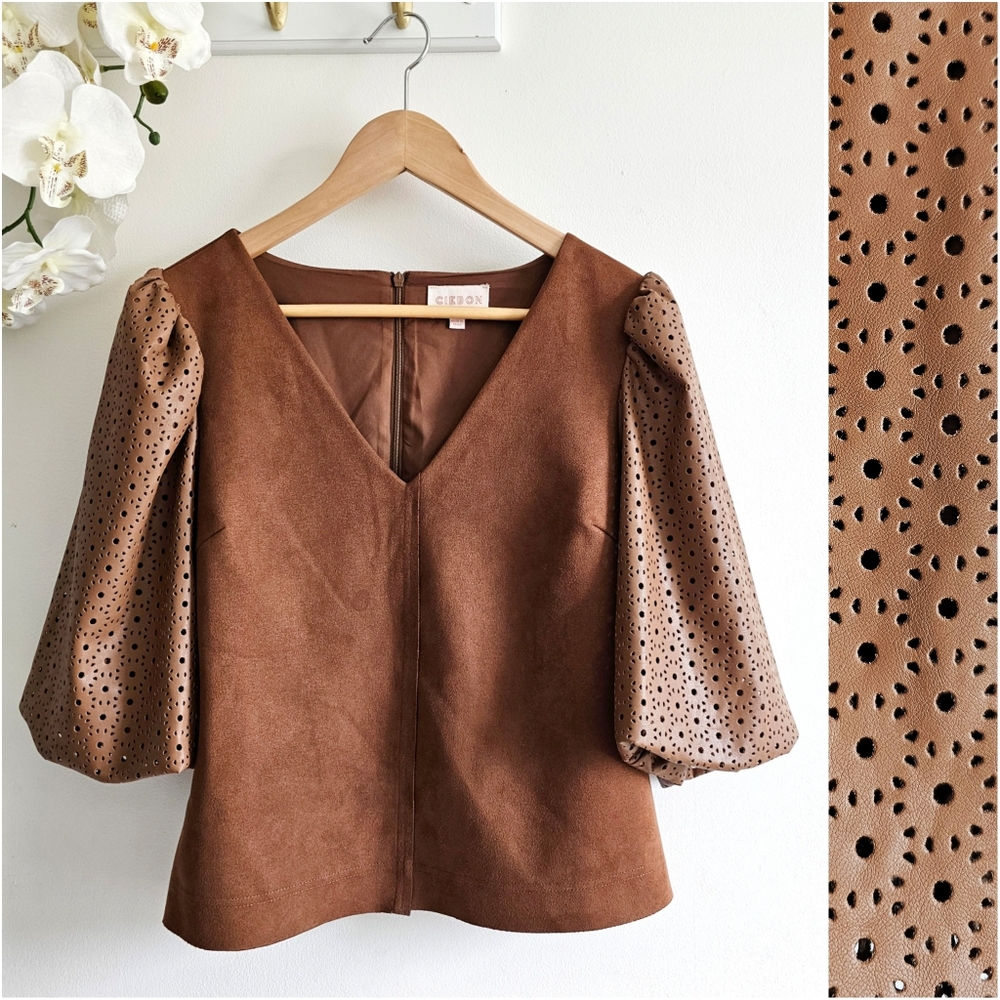 CIEBON Vegan Suede Top Toffee Brown Faux Leather Eyelet Puff Sleeve Blouse Tunic